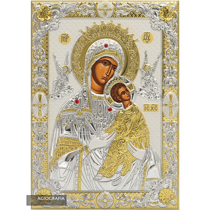 Vergine Maria della Passione (Amolyntos) icona placcata argento e oro su legno