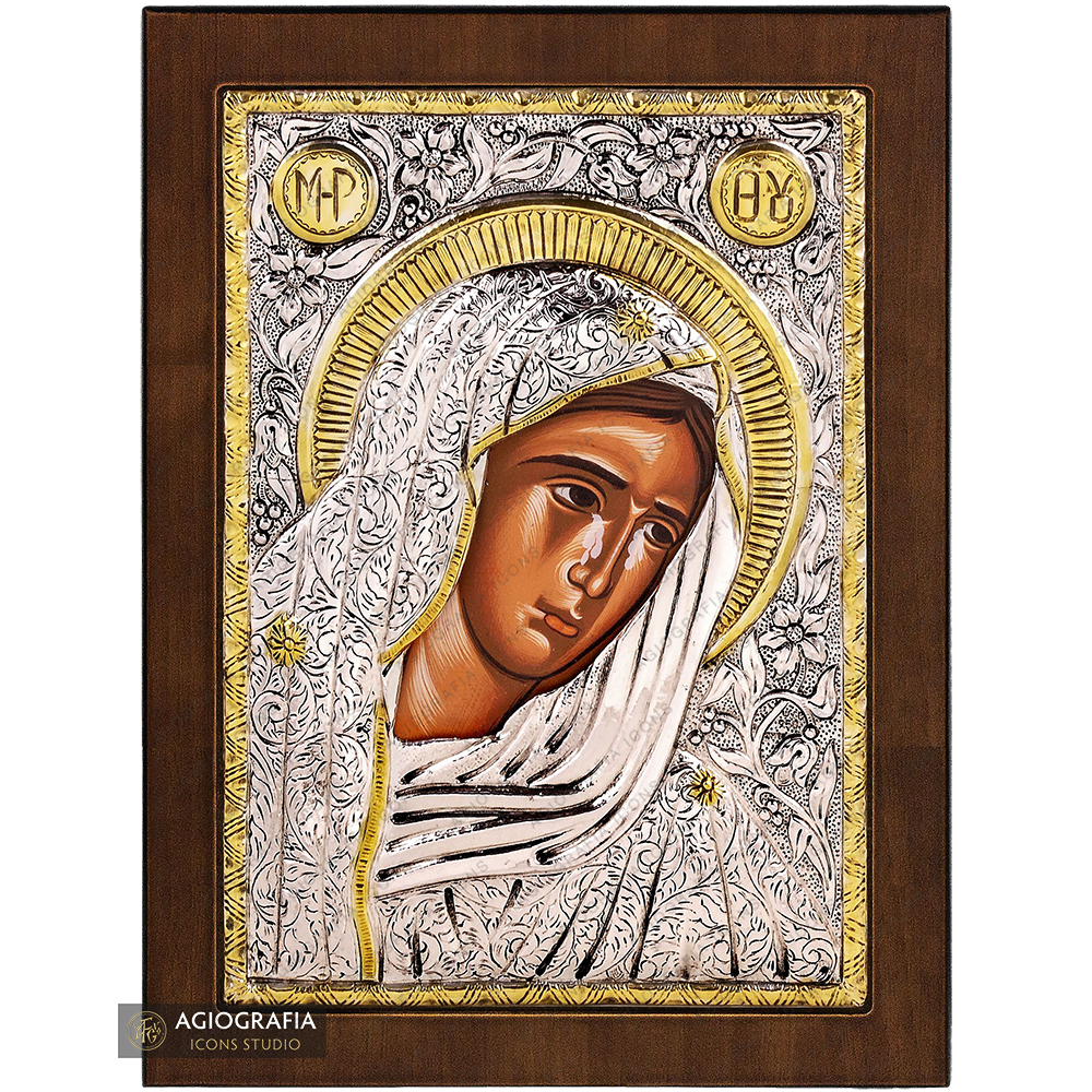 Vergine Maria Addolorata icona cristiana ortodossa placcata argento