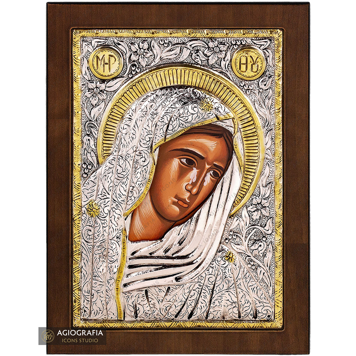 Vergine Maria Addolorata icona cristiana ortodossa placcata argento