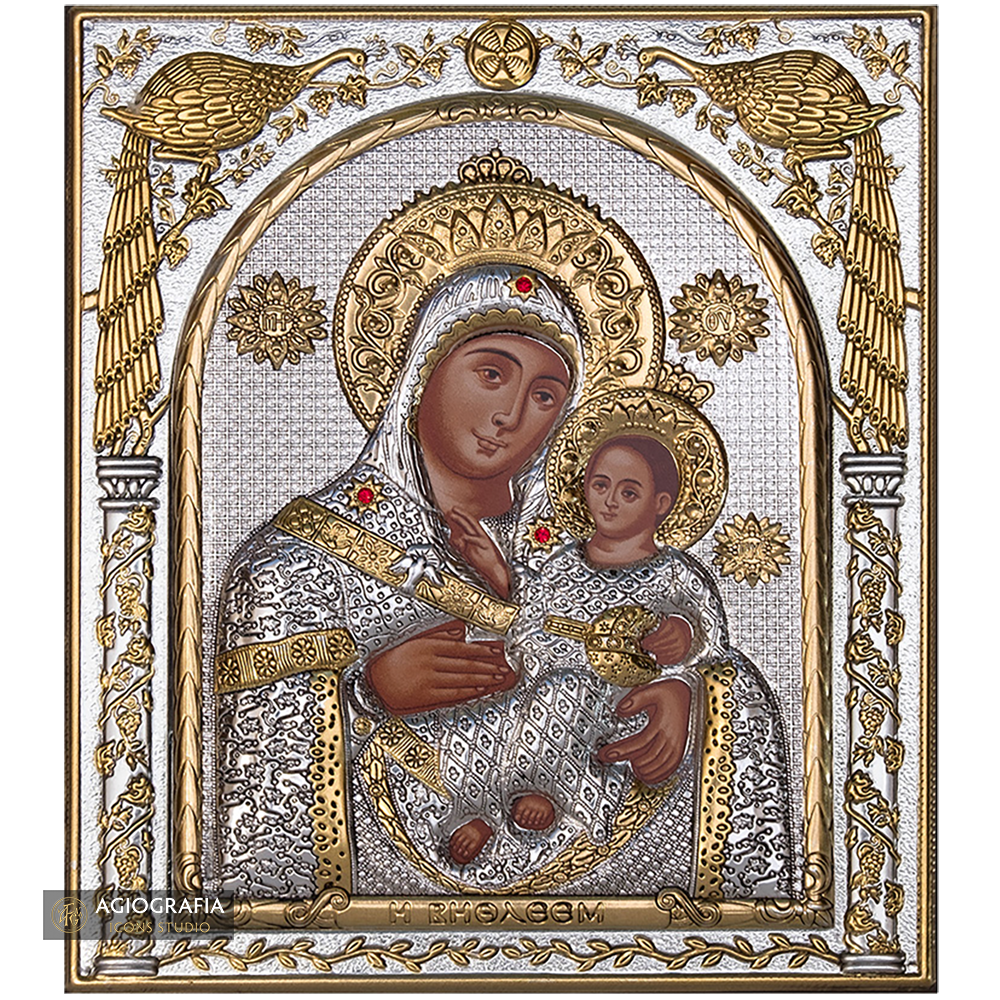 Virgin Mary of Vithleem Silver Gold Plated Wood Icon