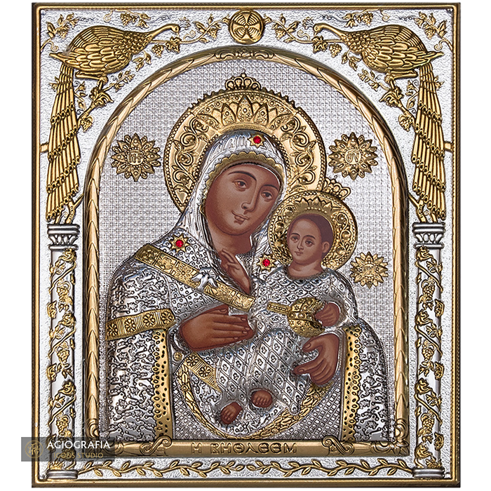 Virgin Mary of Vithleem Silver Gold Plated Wood Icon