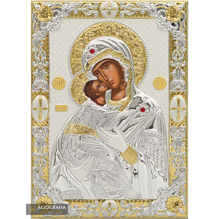 Vergine Maria di Vladimir icona cristiana placcata argento e oro su legno