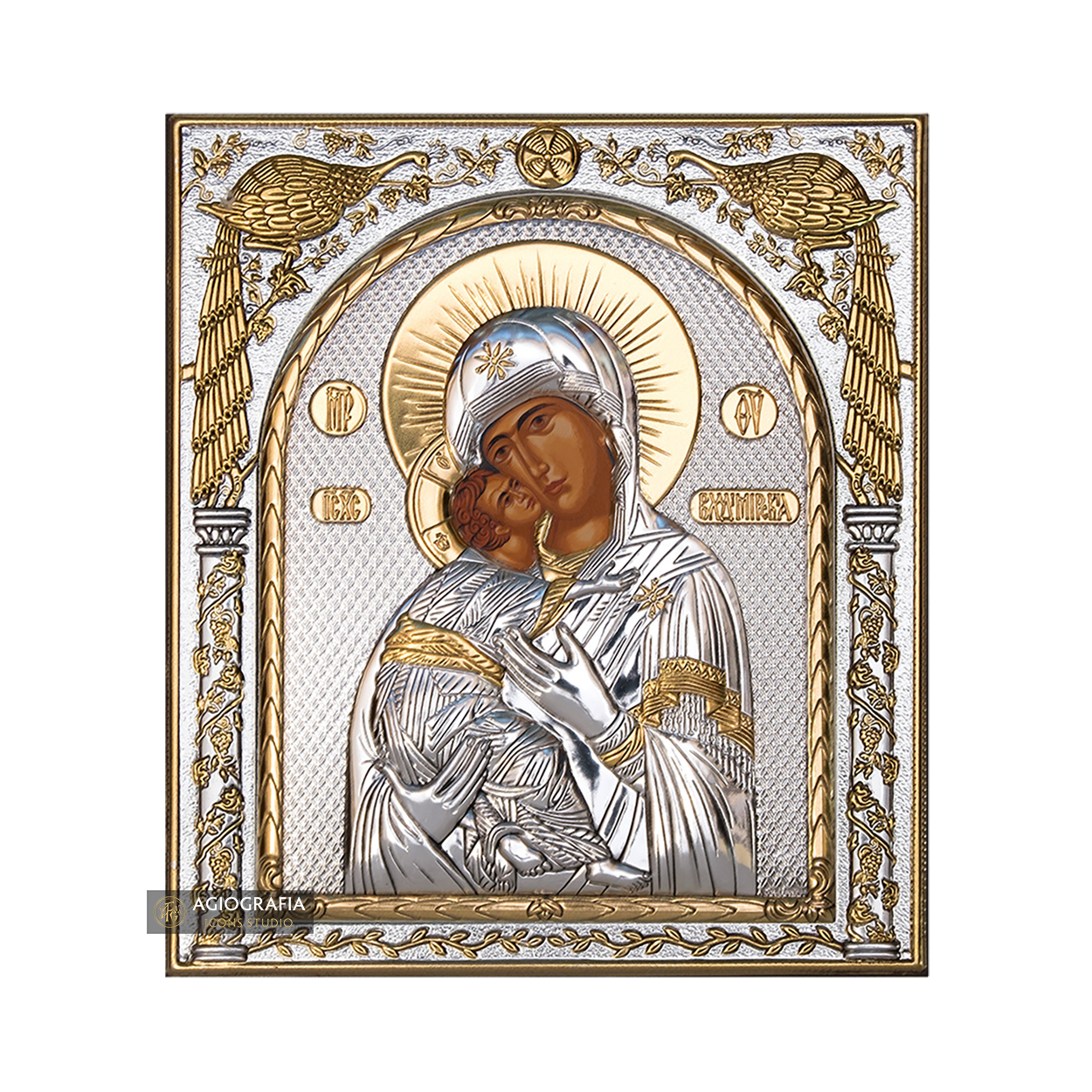 Virgin Mary of Vladimir Silver Gold Plated Wood Icon