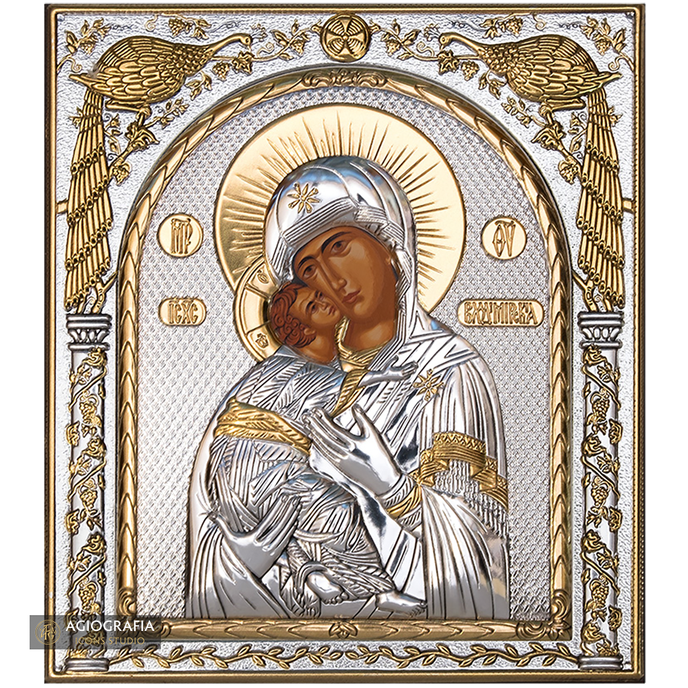 Virgin Mary of Vladimir Silver Gold Plated Wood Icon