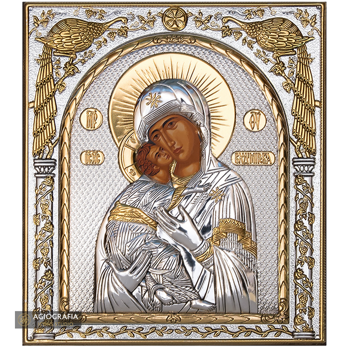 Virgin Mary of Vladimir Silver Gold Plated Wood Icon
