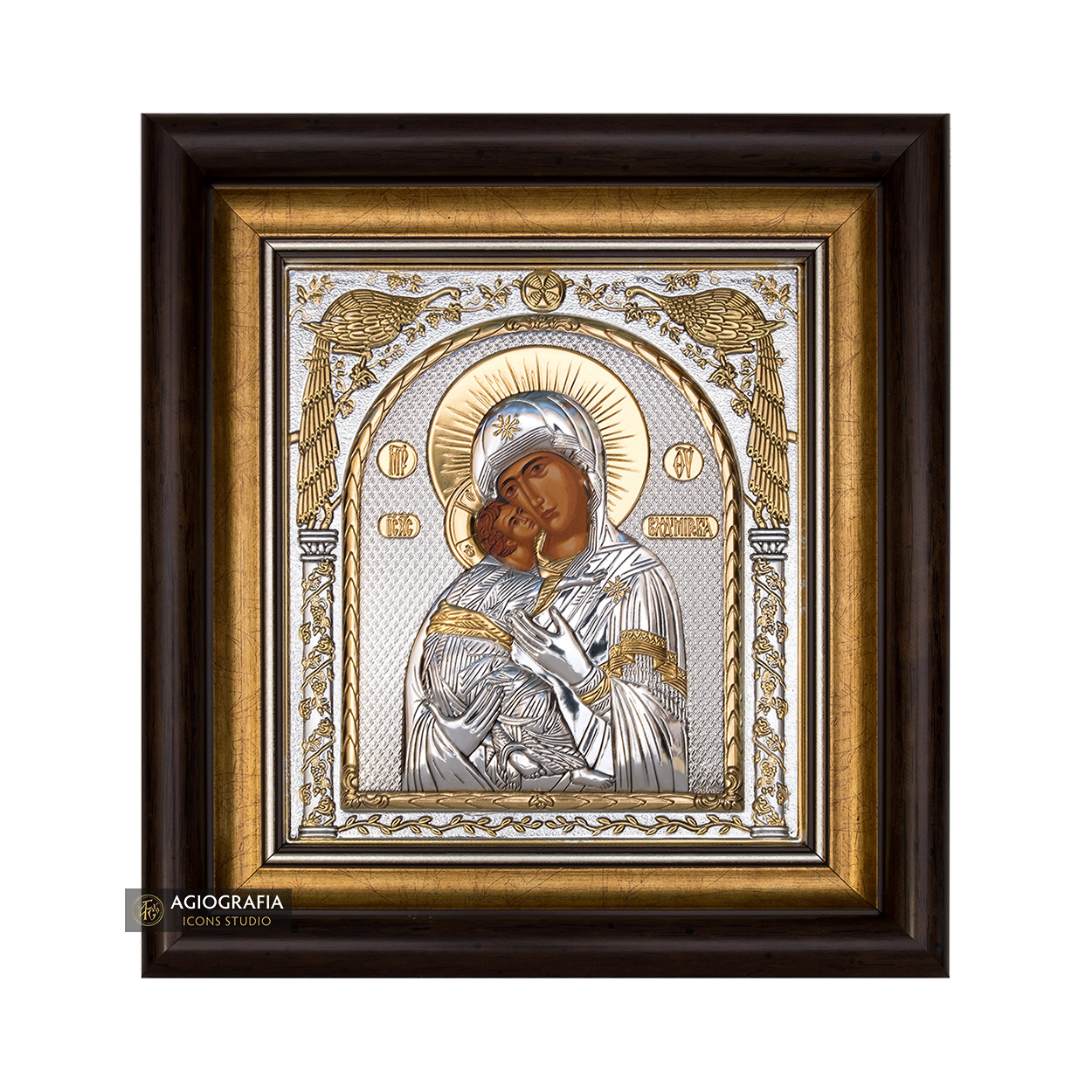 Virgin Mary of Vladimir Framed Silver Gold Plated Wood Icon