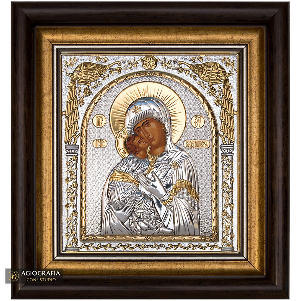 Virgin Mary of Vladimir Framed Silver Gold Plated Wood Icon