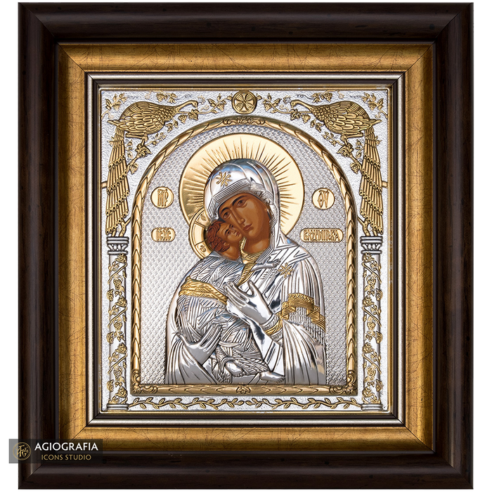 Virgin Mary of Vladimir Framed Silver Gold Plated Wood Icon