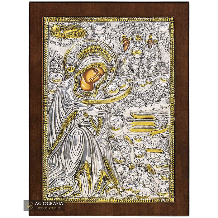 Vergine Maria la Guaritrice icona cristiana ortodossa placcata argento