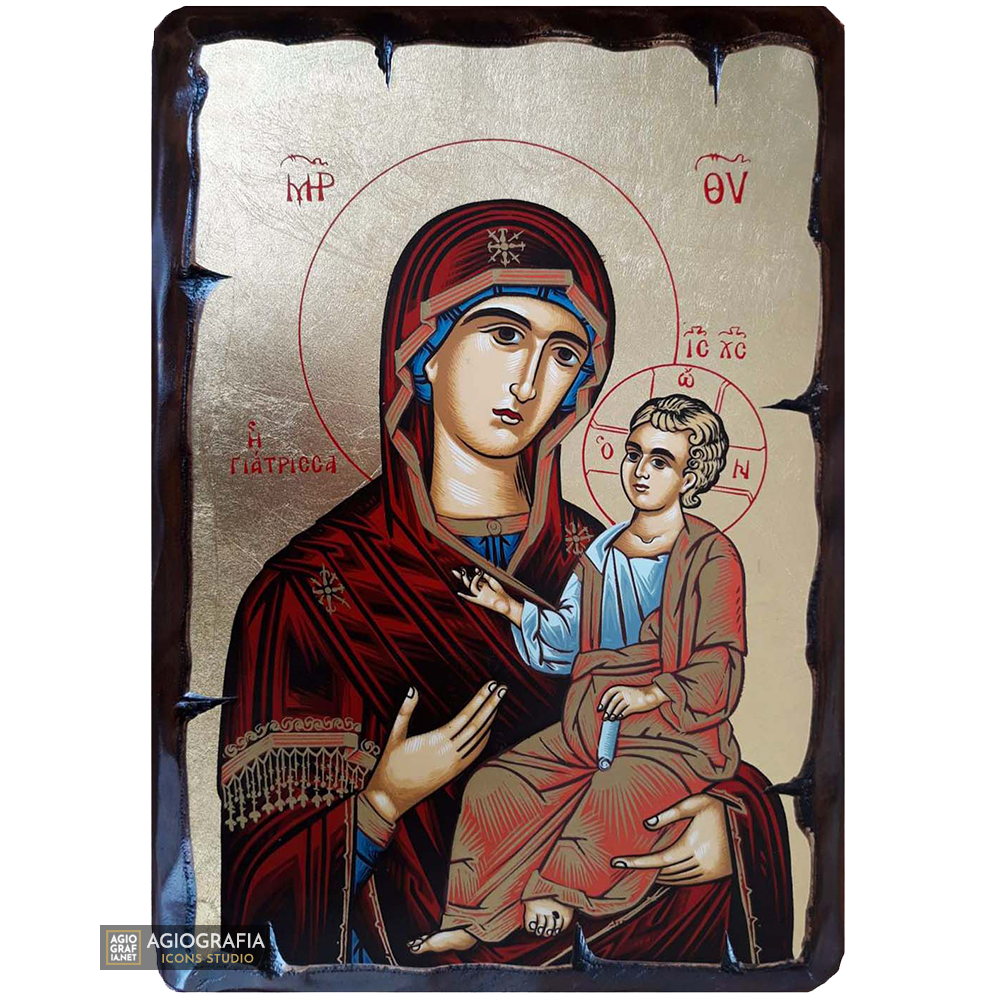 Virgin Mary the Healer Eastern Christian Icon on Wood with Gold Leaf