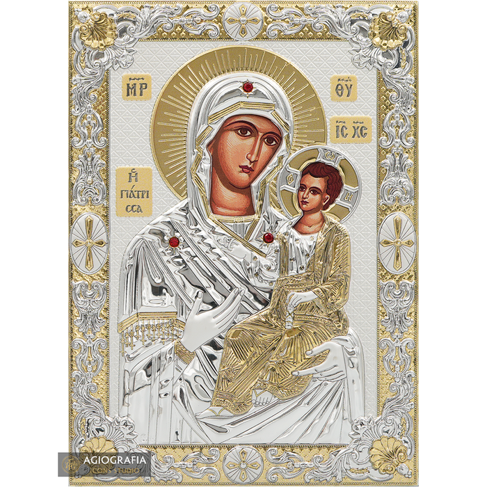 Vergine Maria la Guaritrice (Giatrissa) icona placcata argento e oro su legno