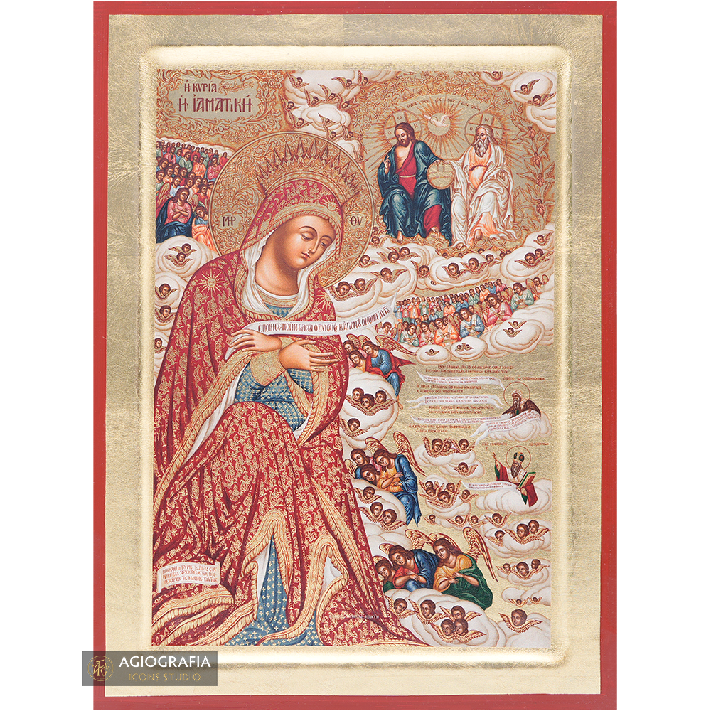 18k Virgin Mary the Healer (Iamatiki) Greek Wood Icon with Gold Leaf