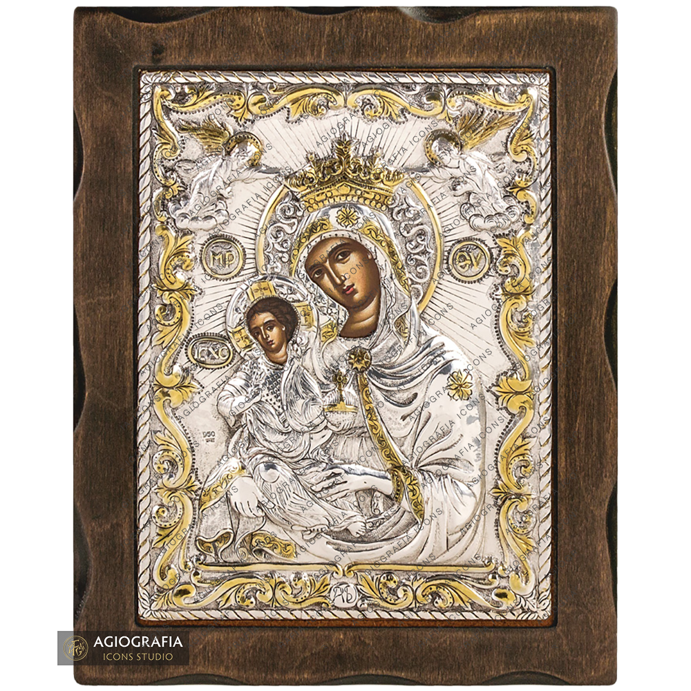 Virgen María con ángeles icono de plata pura y chapado en oro de 24k