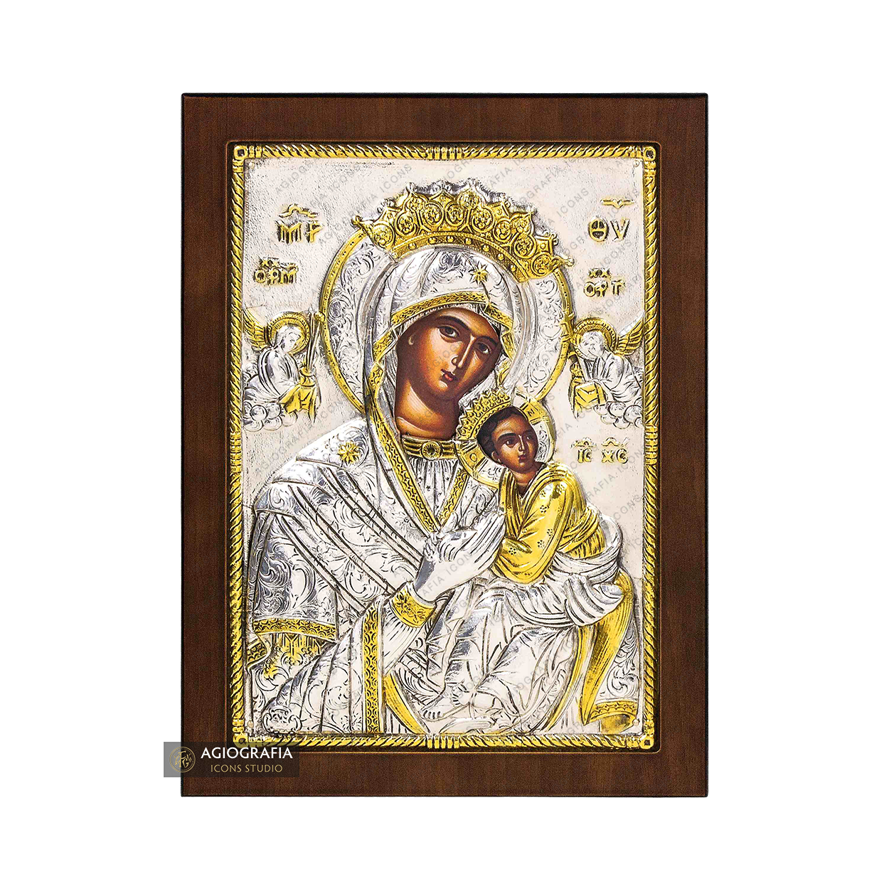 Virgin Mary with Angels Christian Orthodox Silver Plated Icon