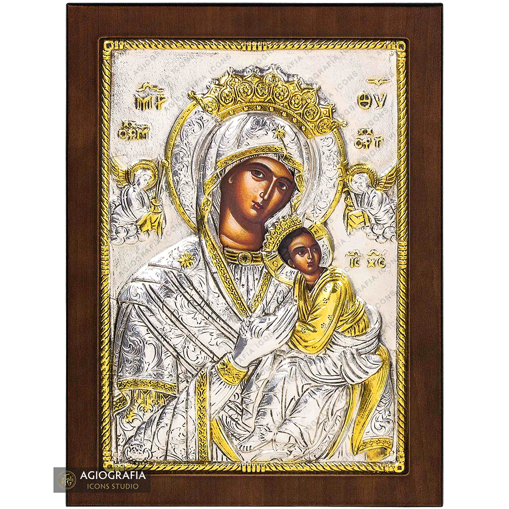 Vierge Marie avec les anges icône chrétienne orthodoxe plaquée argent