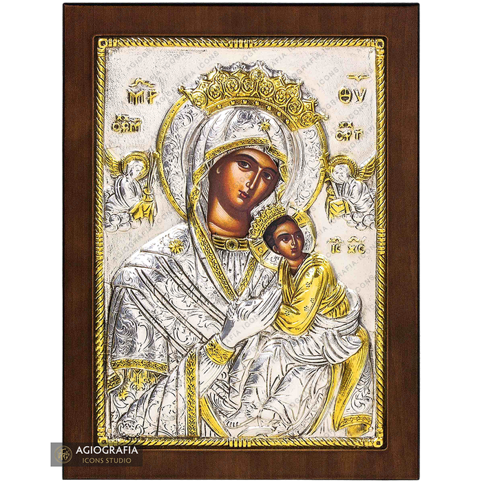 Vergine Maria con gli angeli icona cristiana ortodossa placcata argento