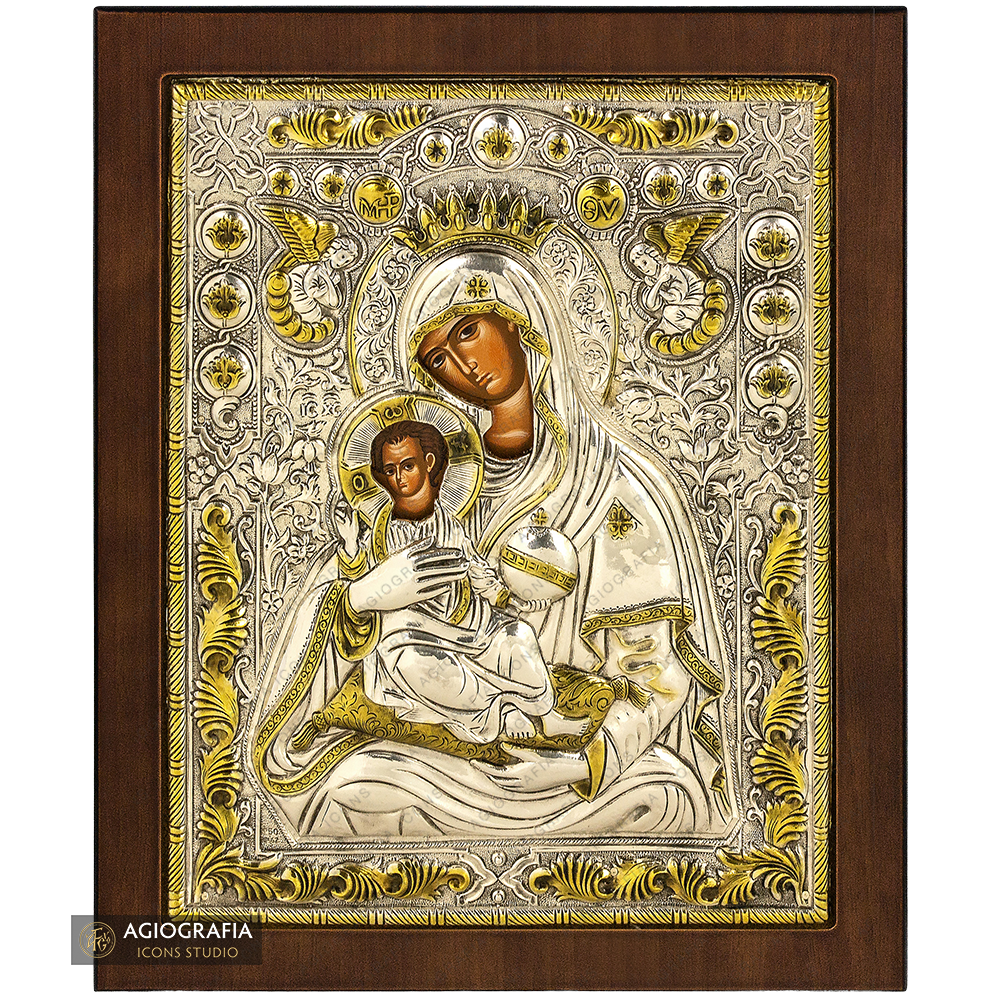 Vierge Marie avec les anges icône plaquée argent et or sur bois