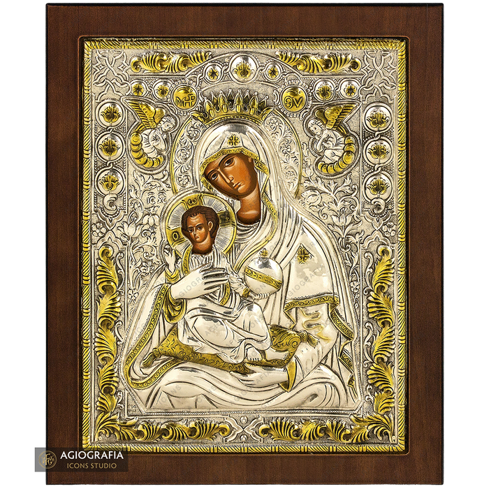 Vierge Marie avec les anges icône plaquée argent et or sur bois