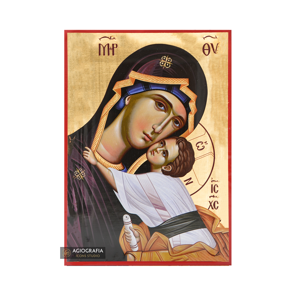 Virgin Mary holding Jesus Christ Icon with Matte Gold Leaves