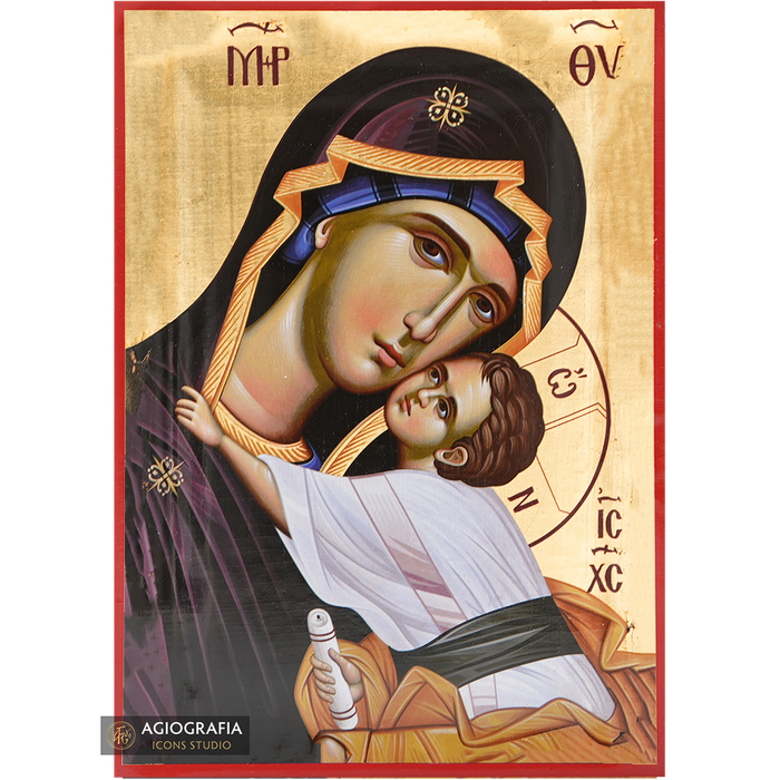Virgin Mary holding Jesus Christ Icon with Matte Gold Leaves