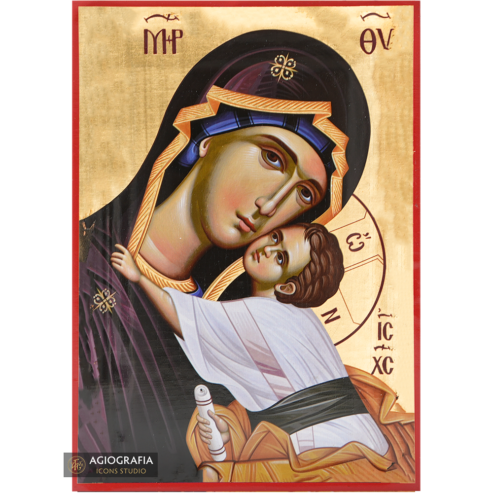 Virgin Mary holding Jesus Christ Icon with Matte Gold Leaves