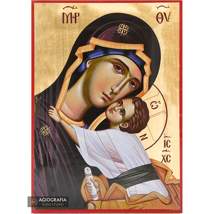 Virgin Mary holding Jesus Christ Icon with Matte Gold Leaves