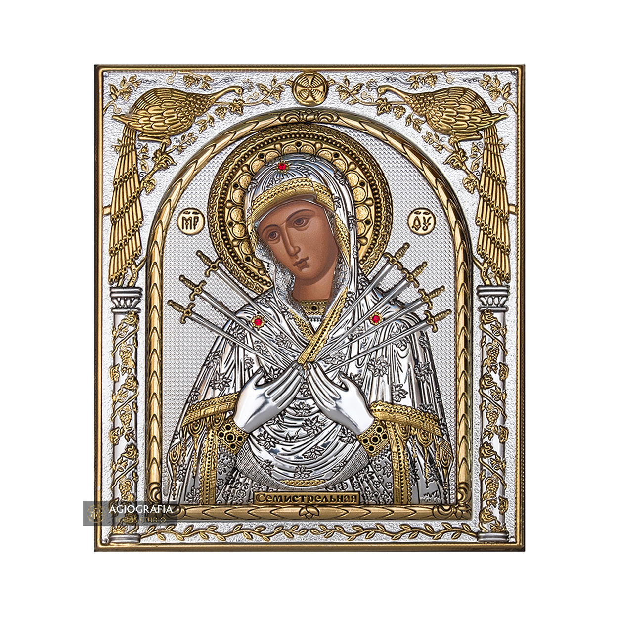 Virgin Mary with Seven Swords Silver Gold Plated Wood Icon
