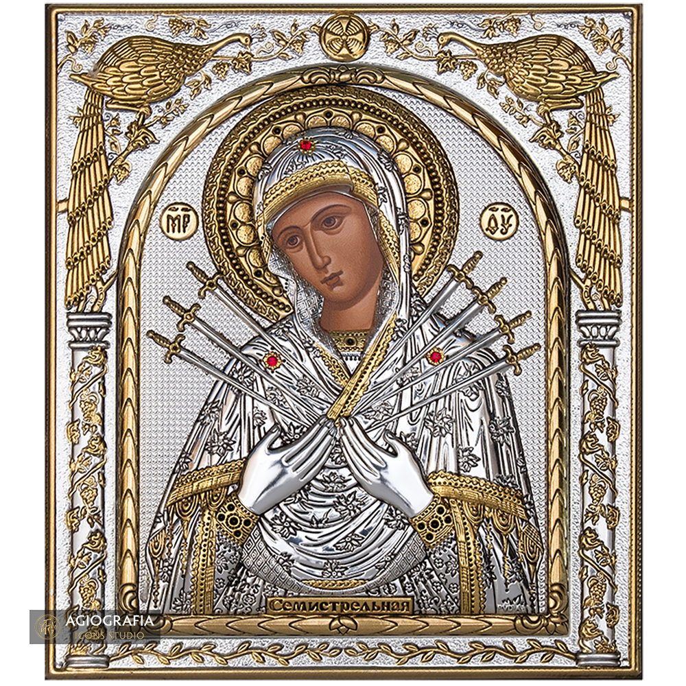 Virgin Mary with Seven Swords Silver Gold Plated Wood Icon