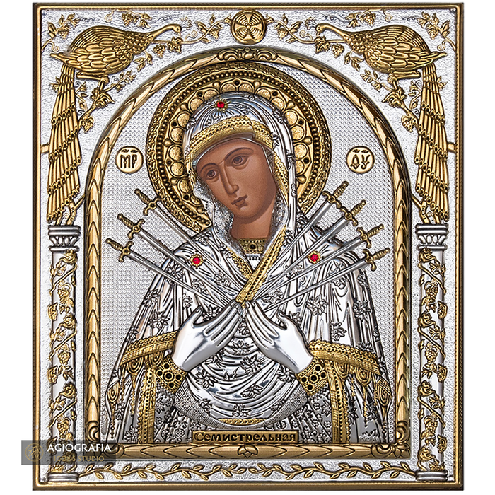 Virgin Mary with Seven Swords Silver Gold Plated Wood Icon