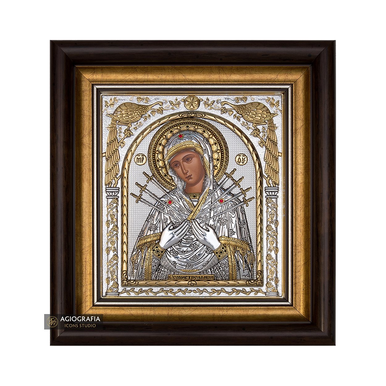 Virgin Mary with Seven Swords Framed Silver Gold Plated Wood Icon