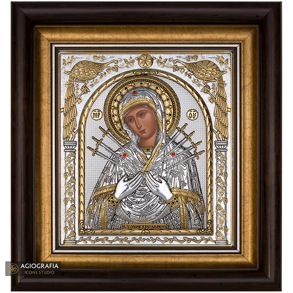 Virgin Mary with Seven Swords Framed Silver Gold Plated Wood Icon