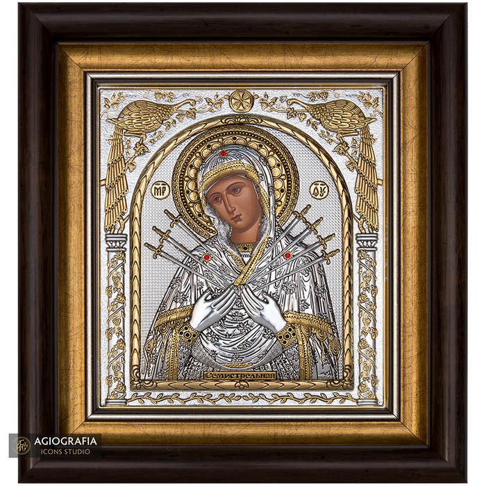 Virgin Mary with Seven Swords Framed Silver Gold Plated Wood Icon
