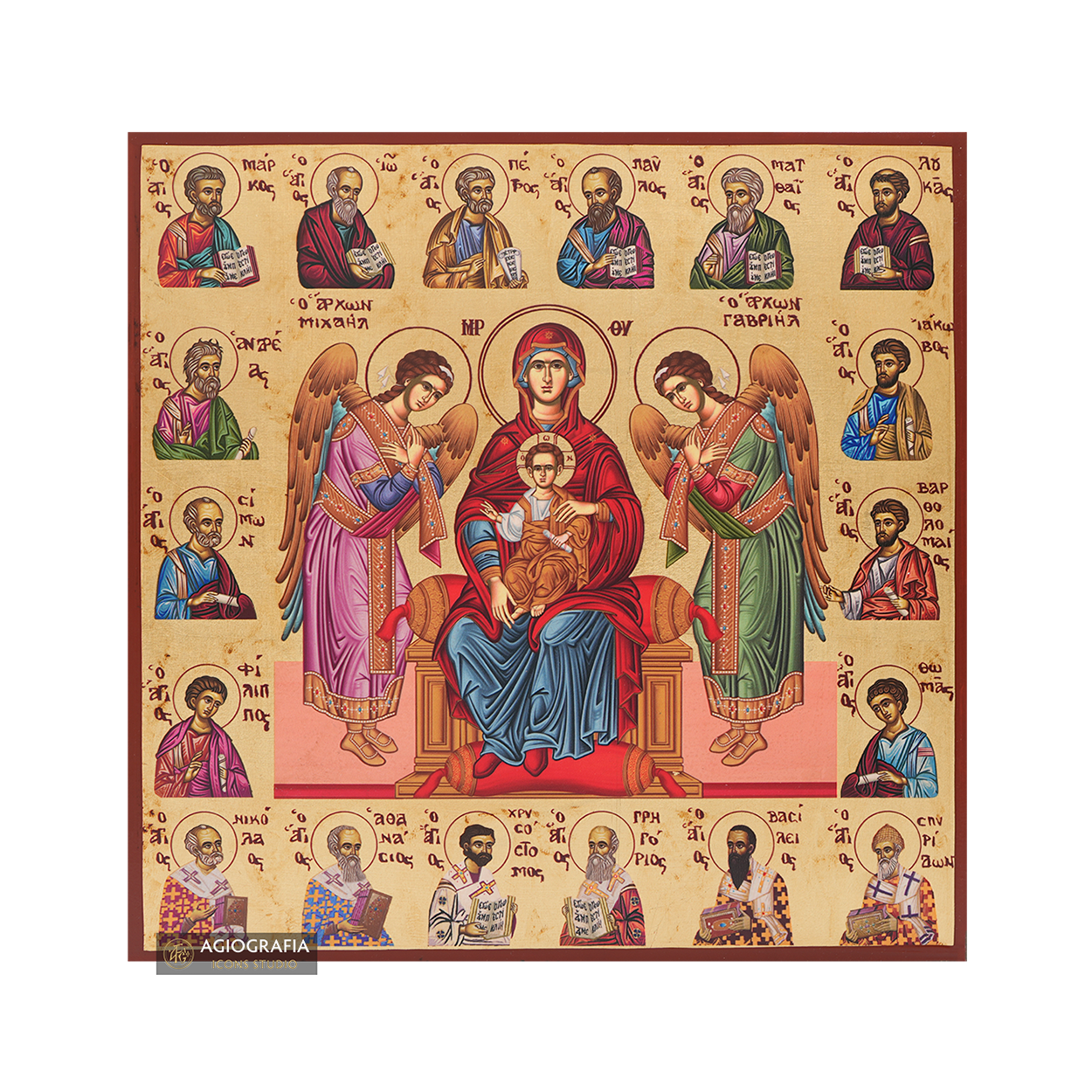 Virgin Mary with the Archangels and Saints Aged Gold Foil Icon