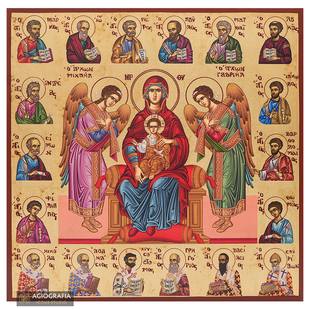 Virgin Mary with the Archangels and Saints Aged Gold Foil Icon
