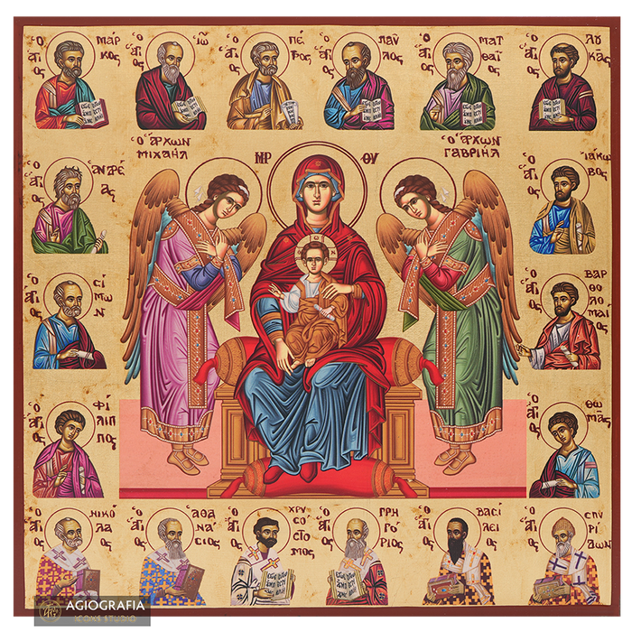 Vergine Maria con gli arcangeli e i santi, icona con foglia d'oro anticata