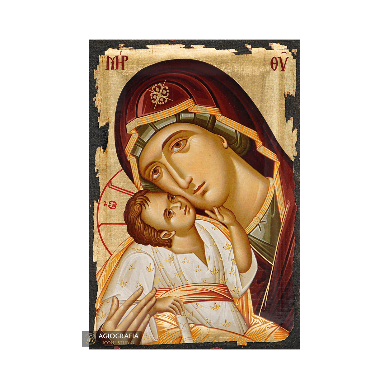 Virgin Mary of Vladimir Christian Icon with Aged Gold Leaves