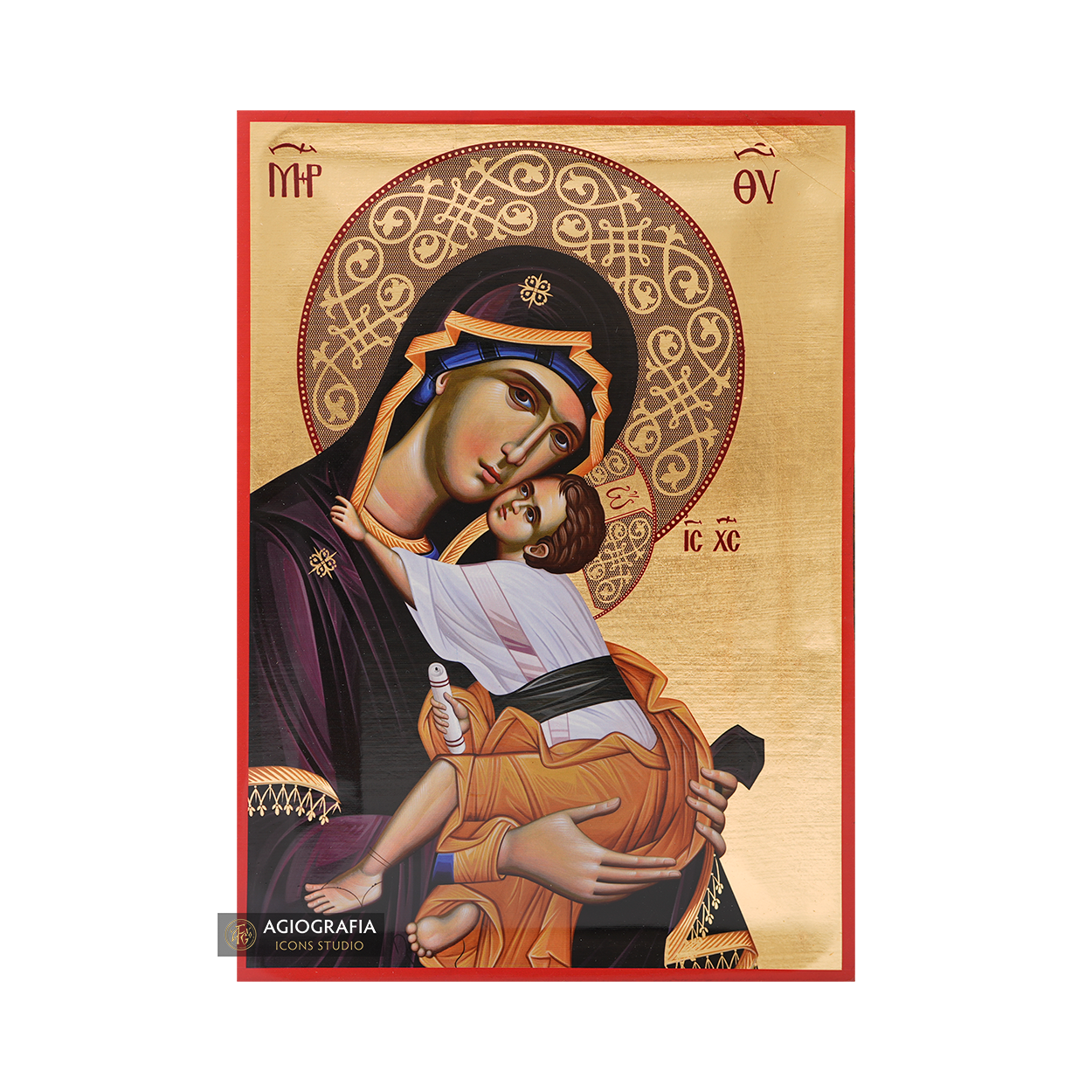 Virgin Mary holding Christ Icon with Matte Gold Leaves