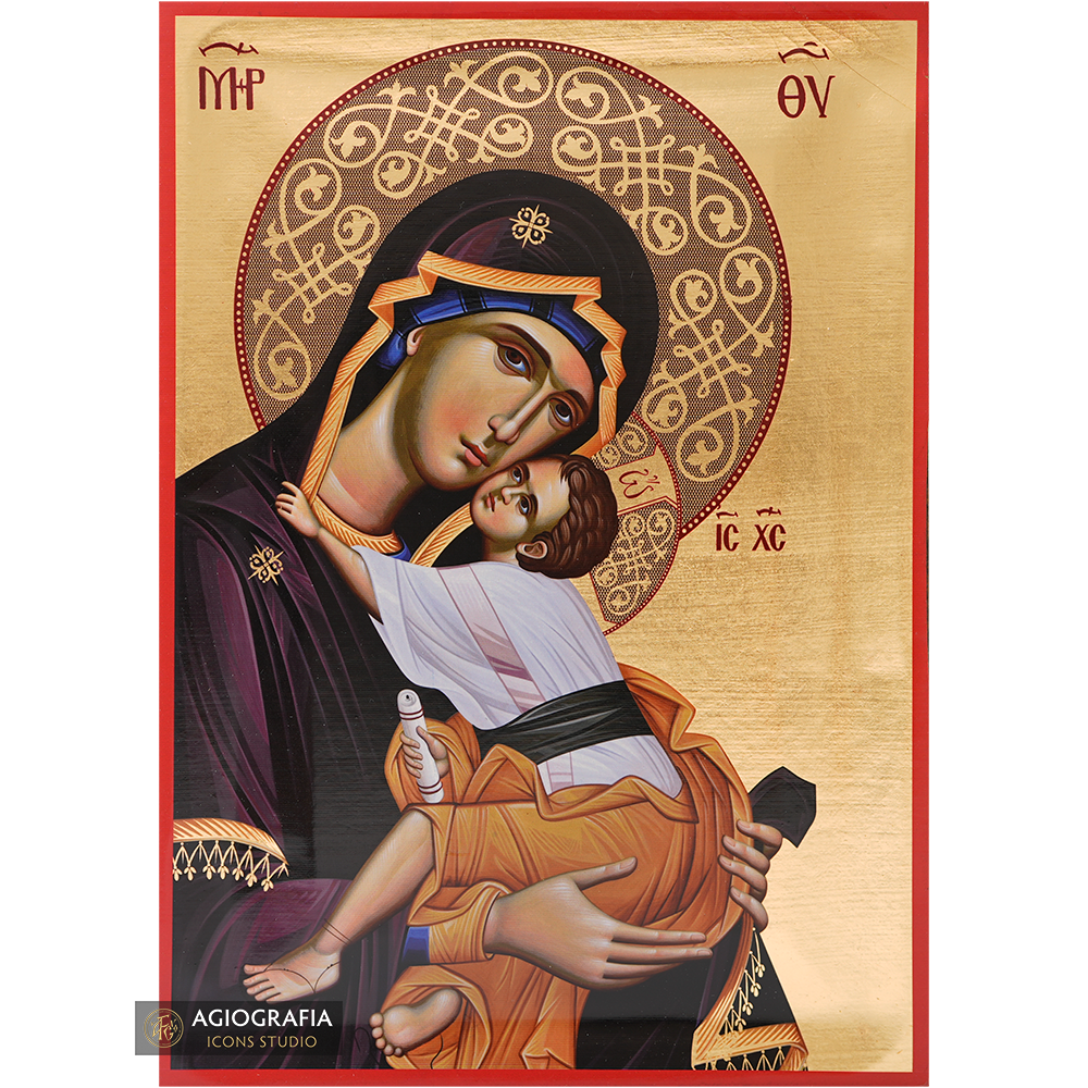 Virgin Mary holding Christ Icon with Matte Gold Leaves