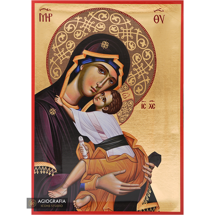 Virgin Mary holding Christ Icon with Matte Gold Leaves