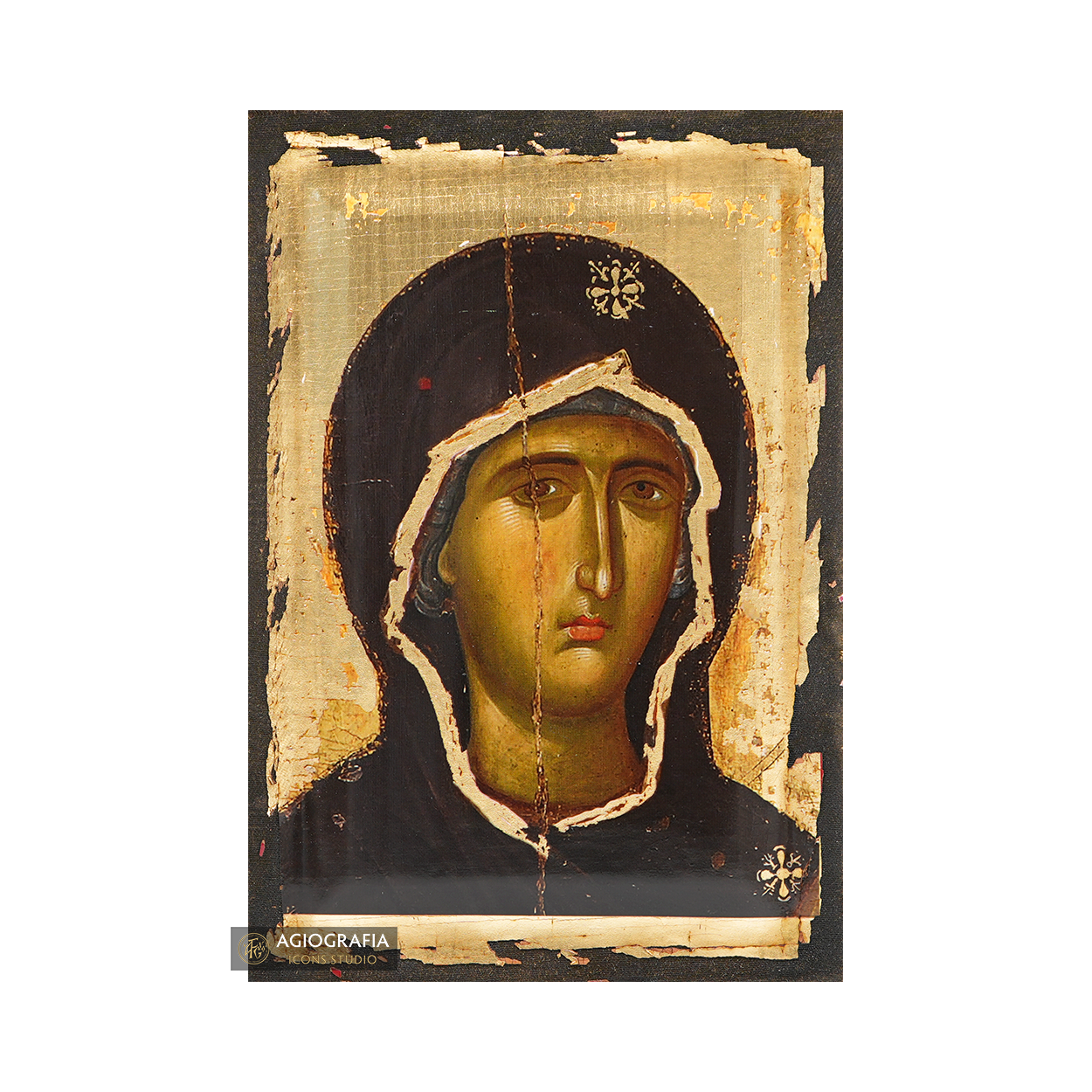 Virgin Mary Christian Greek Icon with Aged Gold Leaves