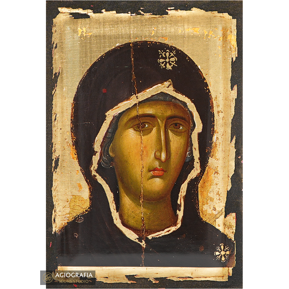 Virgin Mary Christian Greek Icon with Aged Gold Leaves