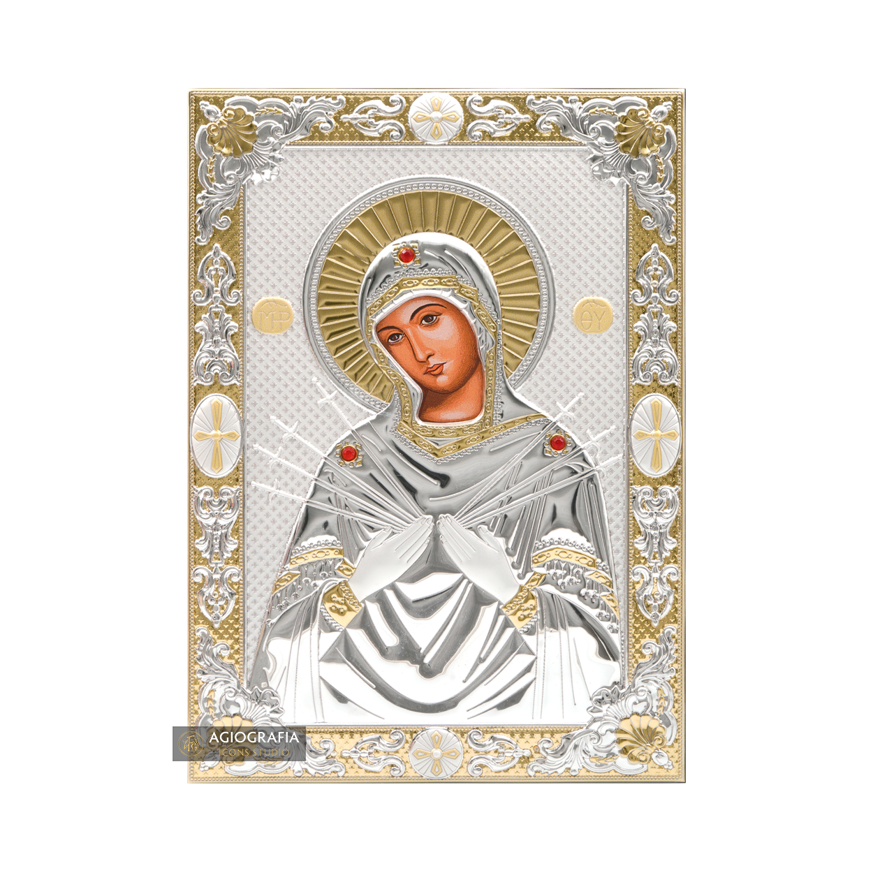 Virgin Mary with Seven Swords Silver Gold Plated Icon on Wood