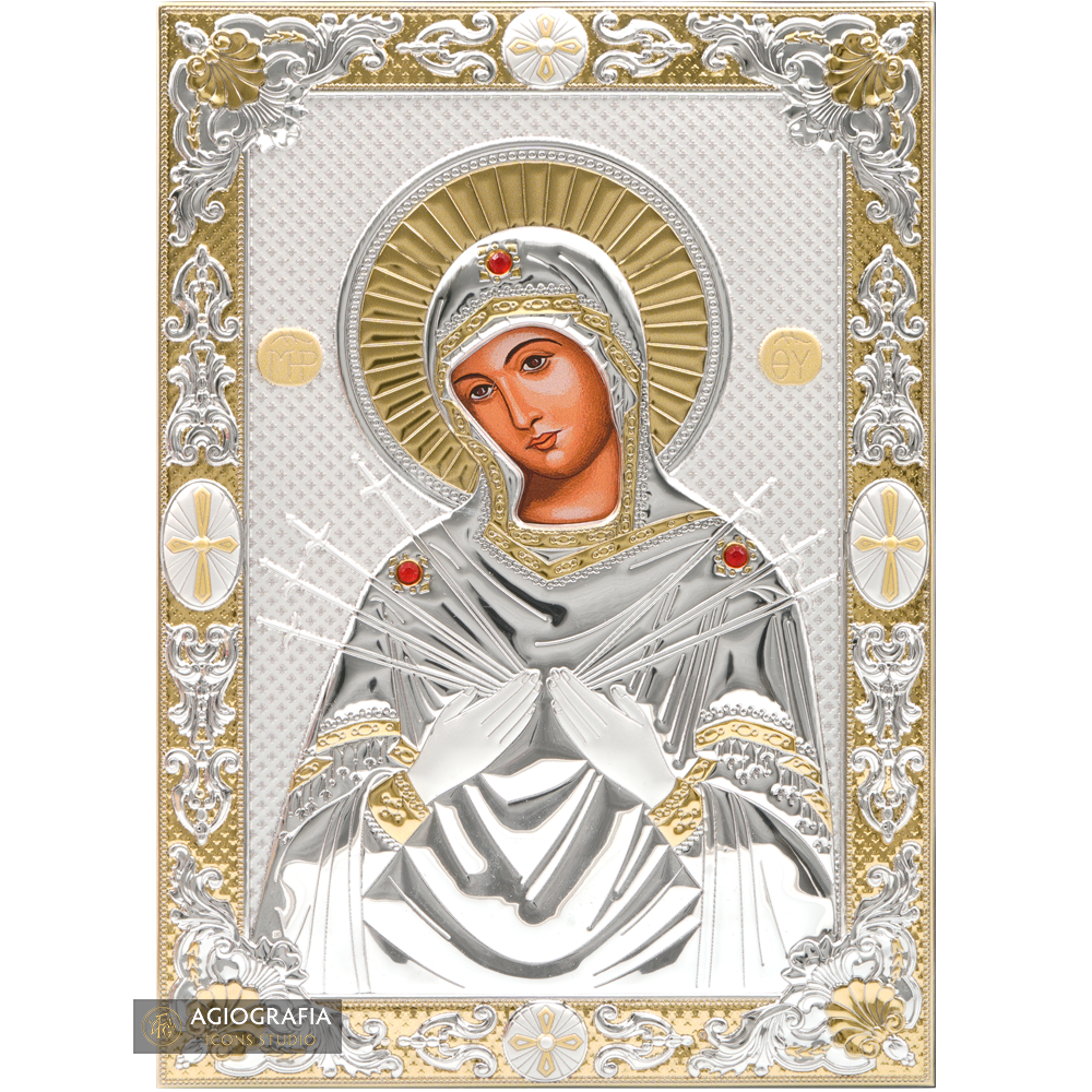 Virgin Mary with Seven Swords Silver Gold Plated Icon on Wood