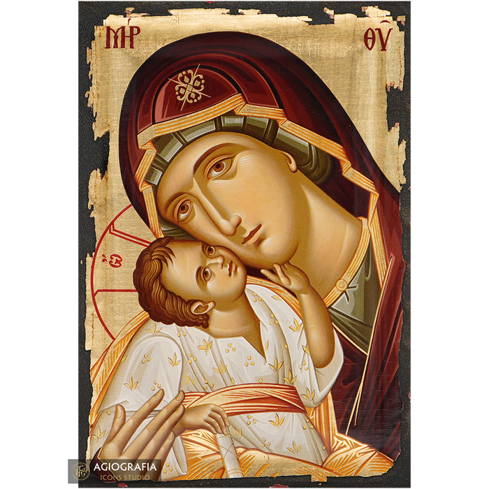 Vierge Marie de Vladimir icône chrétienne aux feuilles d'or vieillies