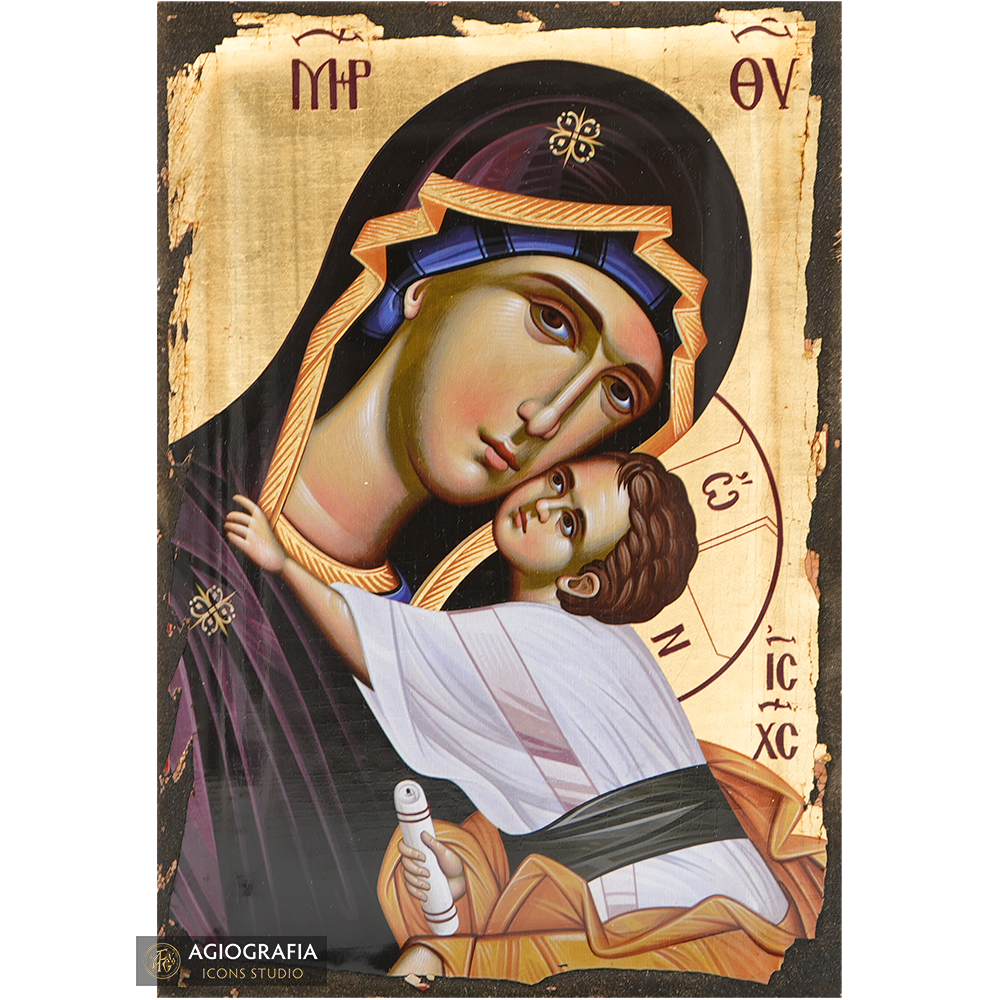 Virgin Mary holding Christ Icon with Aged Gold Leaves