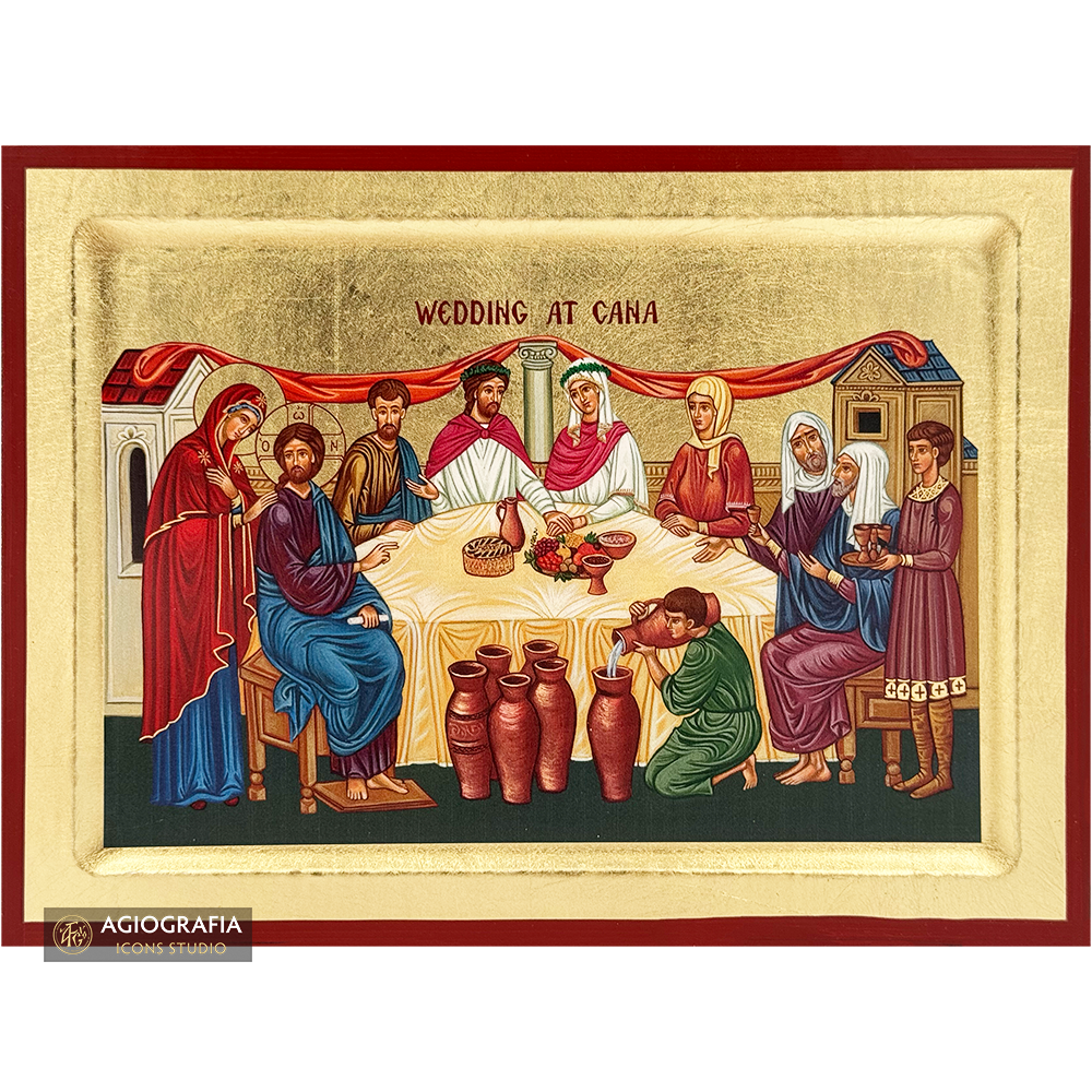 18k Wedding at Kana (English Letters) Orthodox Icon with Gold Leaf