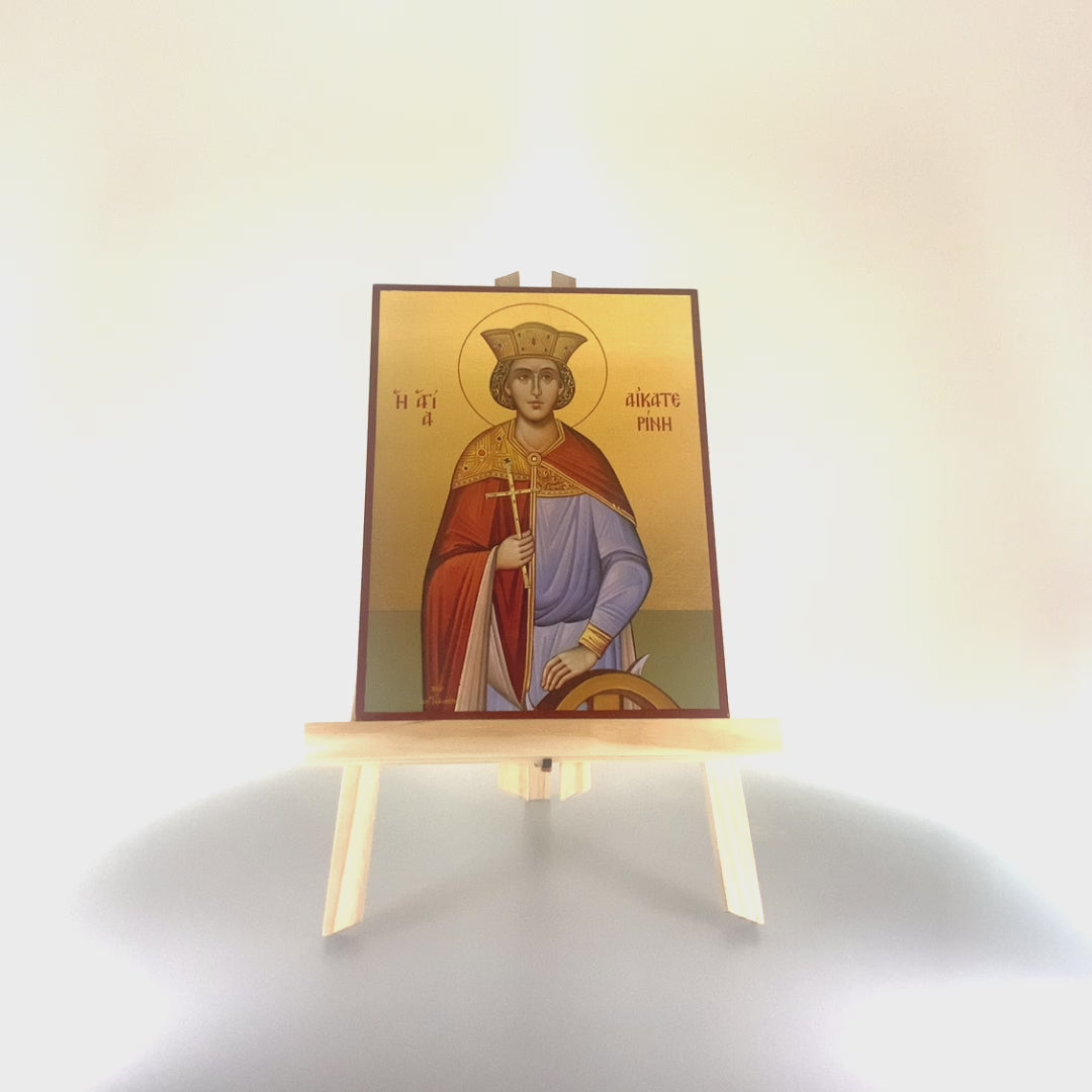 Saint Catherine Christian Orthodox Wood Icon with 22 karats Gold Leaf