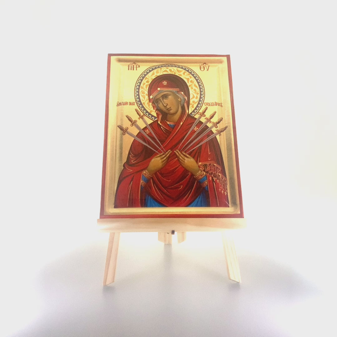 Virgin Mary with Seven Swords Eastern Christian Icon on Wood with Gold Leaf