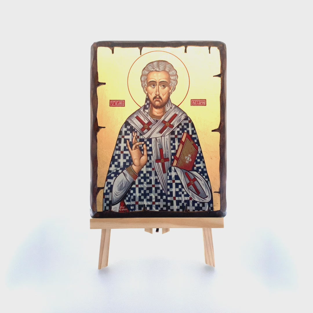 Saint Lazarus Greek Byzantine Orthodox Icon on Wood with Gold Leaf