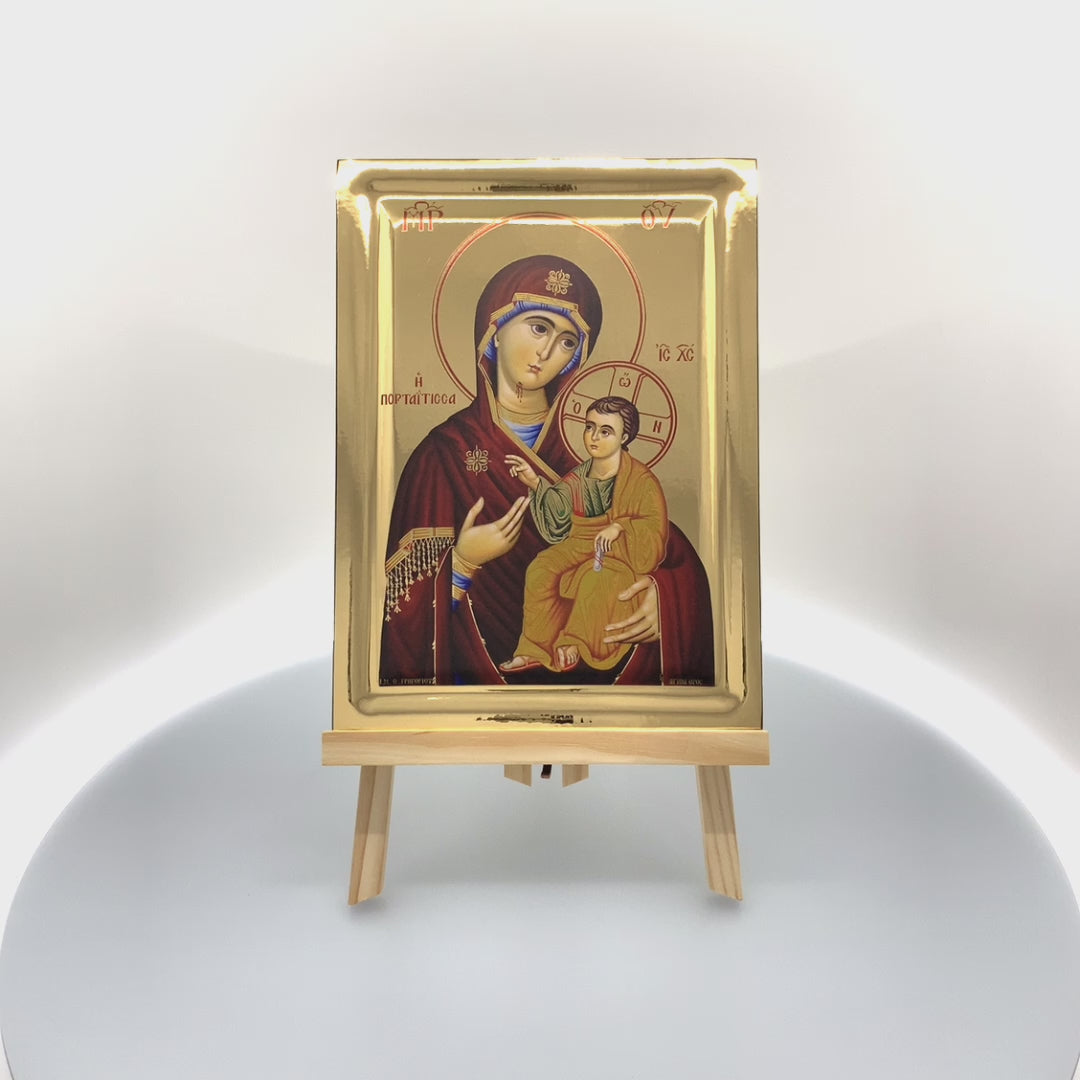 Virgin Mary the Keeper of the Gate (Portaitissa) Eastern Christian Icon on Wood with Gold Leaf